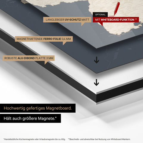Deutschland-Karte auf magnethaftende Ferro-Folie gedruckt, auf Alu-Dibond-Tafel geklebt und mit UV-Schutz kaschiert