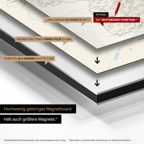 Deutschland-Karte auf magnethaftende Ferro-Folie gedruckt, auf Alu-Dibond-Tafel geklebt und mit UV-Schutz kaschiert