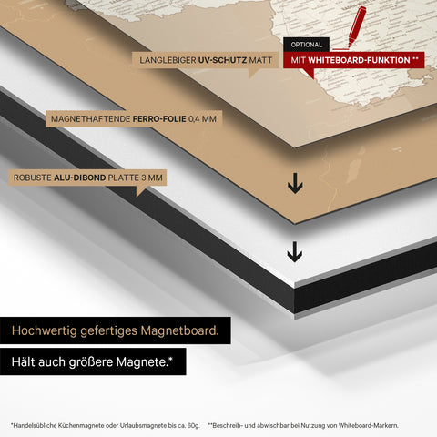 Deutschland-Karte auf magnethaftende Ferro-Folie gedruckt, auf Alu-Dibond-Tafel geklebt und mit UV-Schutz kaschiert
