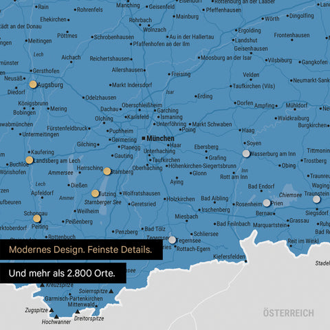 Ausschnitt einer magnetischen Deutschland-Karte in Blau zeigt Karte von Bayern, auf der Magnete Reiseziele markieren