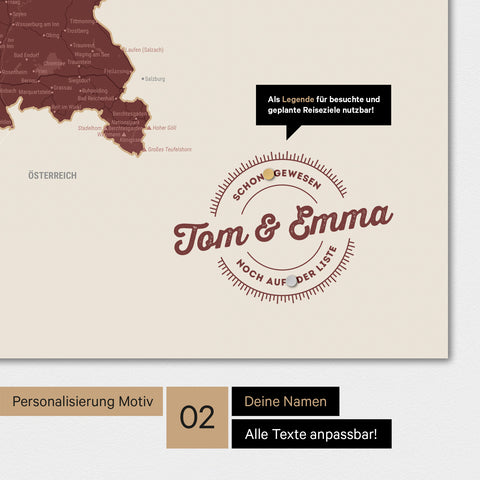 Personalisierte Deutschland-Magnetkarte in Bordeaux Rot mit eingedruckten Namen und einer Legende zur Markierung von besuchten Orten