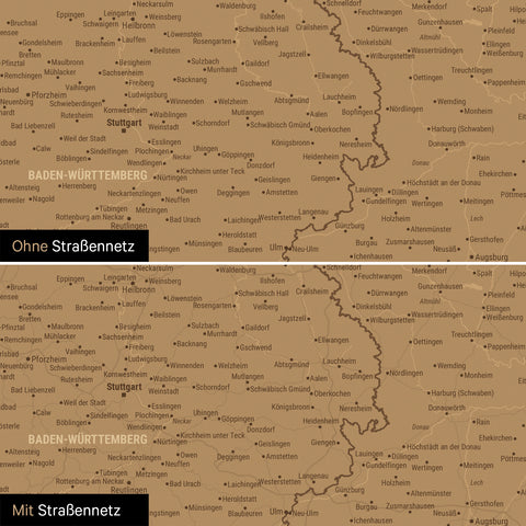 Magnetische Deutschland-Karte in Bronze mit optionalem Straßennetz von Autobahnen und Landstraßen