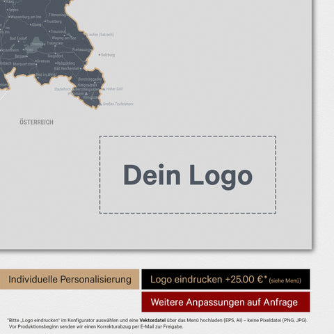 Weltkarte als Deutschland-Karte in Denim Blue mit Eindruck eines Firmenlogos