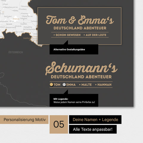 Magnetboard Deutschland-Karte in Dunkelgrau mit Personalisierung als Logo mit Familiennamen