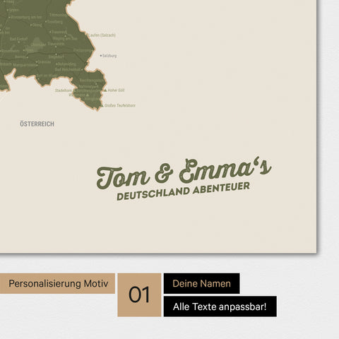 Magnetische Deutschland-Karte als Magnetboard in Olive Green mit Personalisierung und eigedruckten Namen