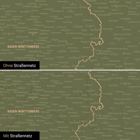 Magnetische Deutschland-Karte in Olive Green mit optionalem Straßennetz von Autobahnen und Landstraßen