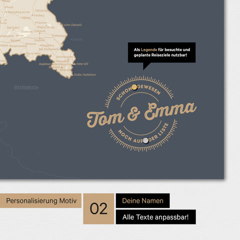 Personalisierte Deutschland-Magnetkarte in Hale Navy mit eingedruckten Namen und einer Legende zur Markierung von besuchten Orten
