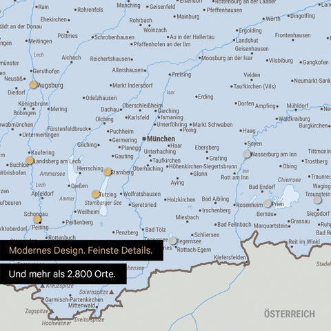 Ausschnitt einer magnetischen Deutschland-Karte in Multicolor Atlas zeigt Karte von Bayern, auf der Magnete Reiseziele markieren