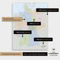 Übersicht über die vielfältigen Konfigurationsmöglichkeiten einer magnetischen Deutschland-Karte als Magnetboard in Multicolor Atlas, von der Auswahl des Aufhänge-Systems über Farben bis zum Detailgrad
