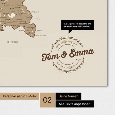 Personalisierte Deutschland-Magnetkarte in Multicolor Brown mit eingedruckten Namen und einer Legende zur Markierung von besuchten Orten
