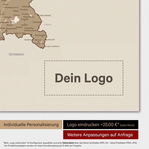 Weltkarte als Deutschland-Karte in Multicolor Brown mit Eindruck eines Firmenlogos
