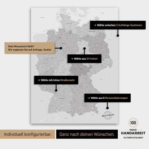 Übersicht über die vielfältigen Konfigurationsmöglichkeiten einer magnetischen Deutschland-Karte als Magnetboard in Multicolor Gray, von der Auswahl des Aufhänge-Systems über Farben bis zum Detailgrad