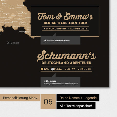 Magnetboard Deutschland-Karte in Sonar Black mit Personalisierung als Logo mit Familiennamen