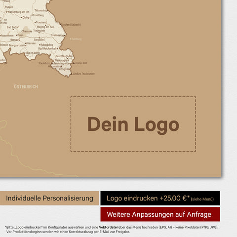 Weltkarte als Deutschland-Karte in Treasure Gold mit Eindruck eines Firmenlogos