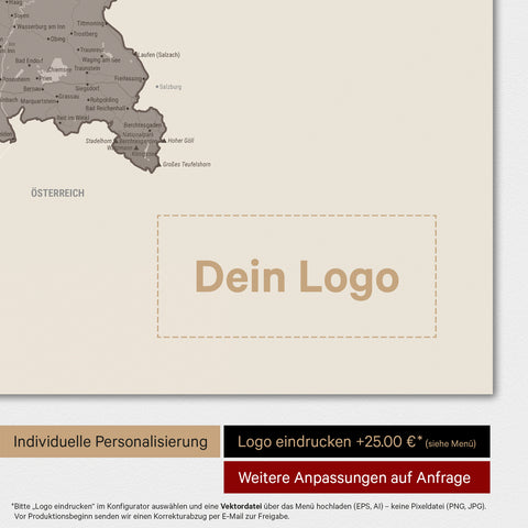 Weltkarte als Deutschland-Karte in Warmgray mit Eindruck eines Firmenlogos