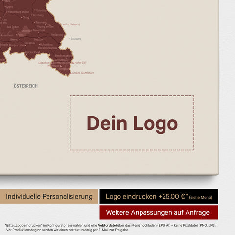 Deutschland-Karte als Pinn-Leinwand in Bordeaux Rot mit Eindruck eines Firmenlogos