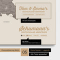 Pinnwand Leinwand einer Deutschland-Karte in Warmgray (Braun-Grau) mit Personalisierung als Logo mit Familiennamen