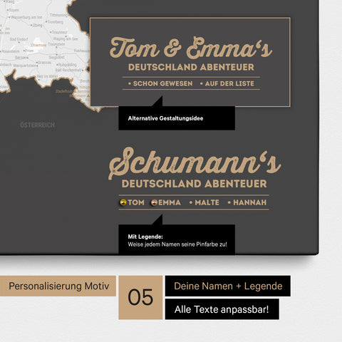 Pinnwand Leinwand einer Deutschland-Karte in Dunkelgrau mit Personalisierung als Logo mit Familiennamen