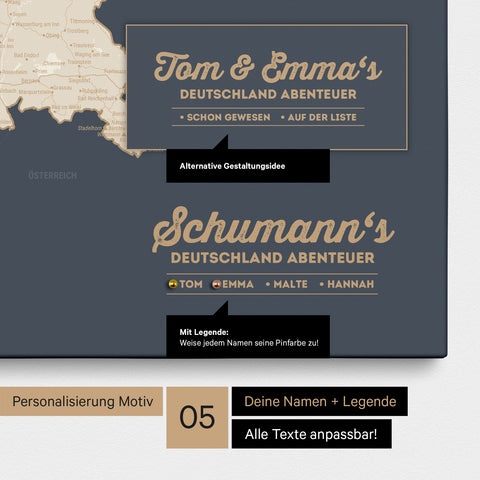 Pinnwand Leinwand einer Deutschland-Karte in Hale Navy (Dunkelblau-Gold) mit Personalisierung als Logo mit Familiennamen