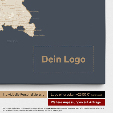 Deutschland-Karte als Pinn-Leinwand in Hale Navy (Dunkelblau-Gold) mit Eindruck eines Firmenlogos