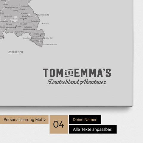 Deutschland-Karte als Pinn-Leinwand in Hellgrau mit eingedruckten Logo im Vintage-Look