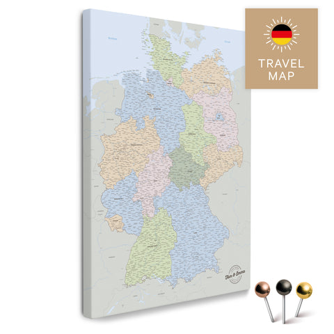 Deutschland-Karte in Multicolor Atlas (Politische Karte) als Pinnwand Leinwand zum Pinnen und Markieren von Reisezielen kaufen