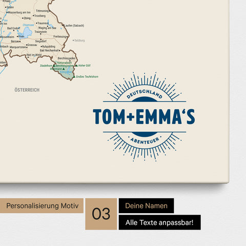 Deutschland-Karte als Pinn-Leinwand in Multicolor Classic mit eingedruckten Namen als Logo in Form einer Sonne