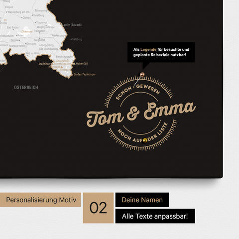 Pinnwand Leinwand einer Deutschlandkarte in Farbe Schwarz-Weiss mit personalisiertem Eindruck von Namen und einer Legende zum Markieren
