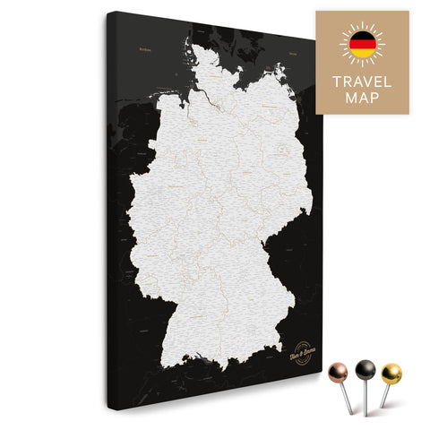 Deutschland-Karte in Schwarz-Weiß als Pinnwand Leinwand zum Pinnen und Markieren von Reisezielen kaufen