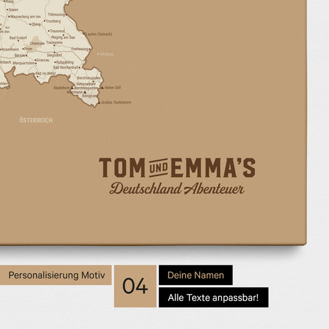 Deutschland-Karte als Pinn-Leinwand in Treasure Gold mit eingedruckten Logo im Vintage-Look