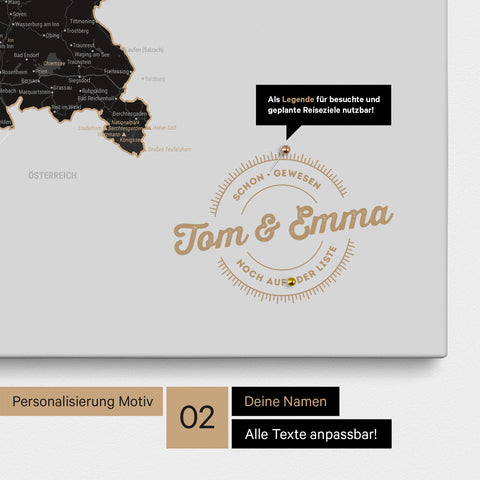 Pinnwand Leinwand einer Deutschlandkarte in Farbe Light Black (Weiss-Schwarz) mit personalisiertem Eindruck von Namen und einer Legende zum Markieren