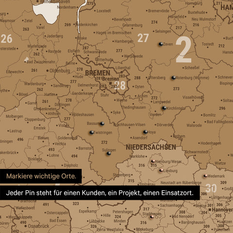 Detail einer Deutschland-Karte als Pinn-Leinwand in Bronze mit Postleitzahlen von Schleswig-Holstein