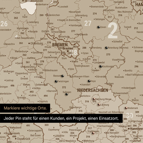 Detail einer Deutschland-Karte als Pinn-Leinwand in Desert Sand mit Postleitzahlen von Schleswig-Holstein