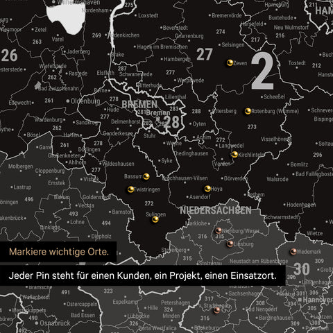 Detail einer Deutschland-Karte als Pinn-Leinwand in Light Black mit Postleitzahlen von Schleswig-Holstein