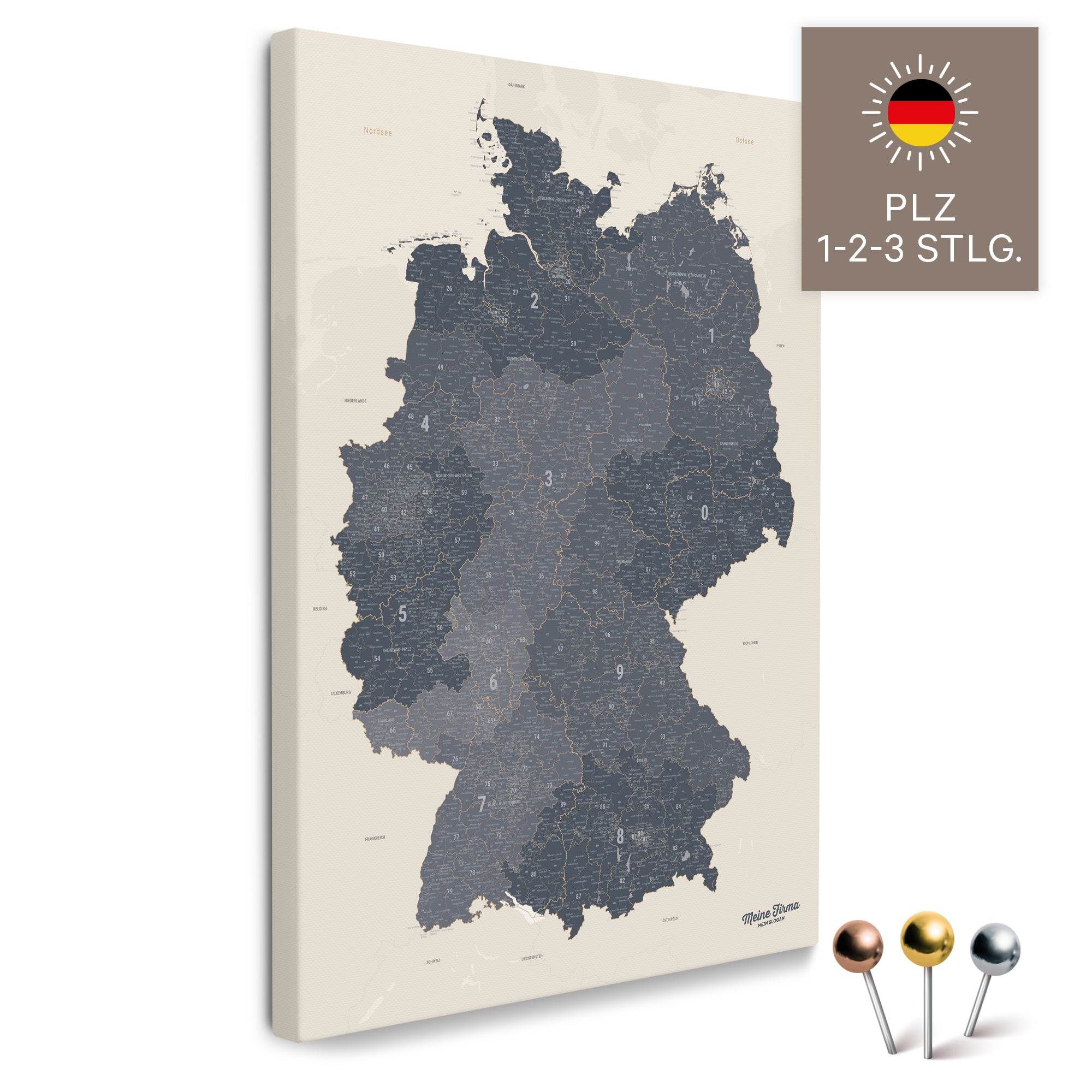 Germany Map (ZIP-Codes 1-2-3-digit) Push Pin Canvas – Navy Light ...