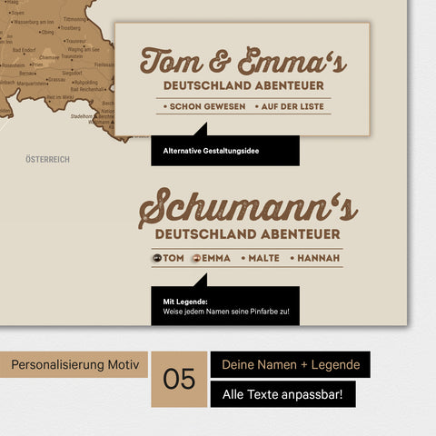 Poster einer Deutschland-Karte in Bronze mit Personalisierung als Logo mit Familiennamen