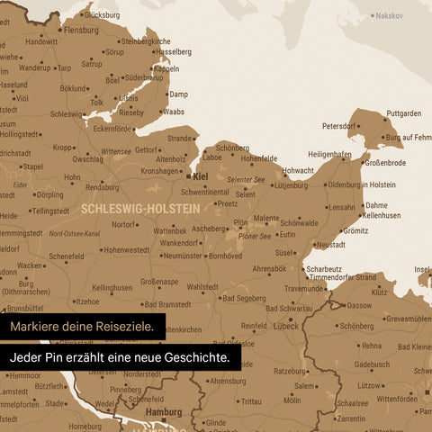 Detail einer Deutschland-Karte als Poster in Bronze mit Pins in Schleswig-Holstein