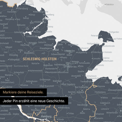 Detail einer Deutschland-Karte als Poster in Denim Blue mit Pins in Schleswig-Holstein