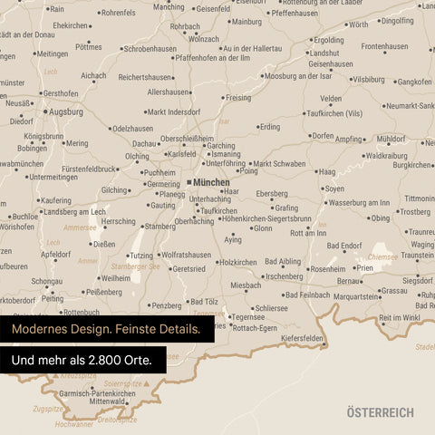 Ausschnitte einer Deutschlandkarte mit Bayern als Poster in Gold mit Bergen, Seen und 2.500 Orten