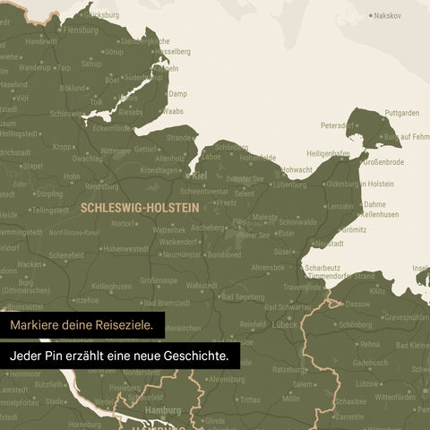 Detail einer Deutschland-Karte als Poster in Olivgrün mit Pins in Schleswig-Holstein