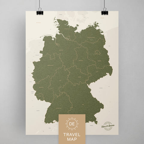Deutschland-Karte als Poster in Olivgrün zum Pinnen und Markieren von Reisezielen kaufen