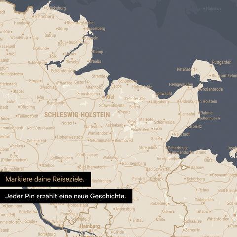 Detail einer Deutschland-Karte als Poster in Hale Navy mit Pins in Schleswig-Holstein