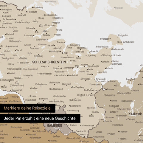 Detail einer Deutschland-Karte als Poster in Multicolor Beige mit Pins in Schleswig-Holstein