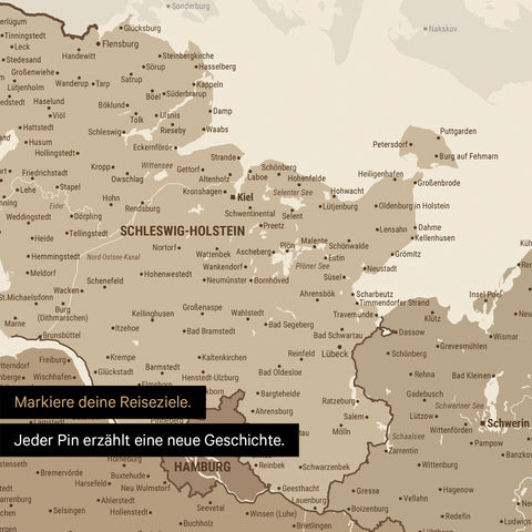 Detail einer Deutschland-Karte als Poster in Multicolor Brown mit Pins in Schleswig-Holstein