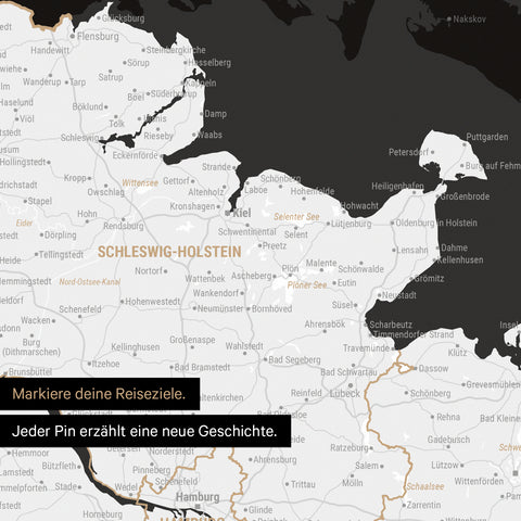 Detail einer Deutschland-Karte als Poster in Schwarz-Weiss mit Pins in Schleswig-Holstein