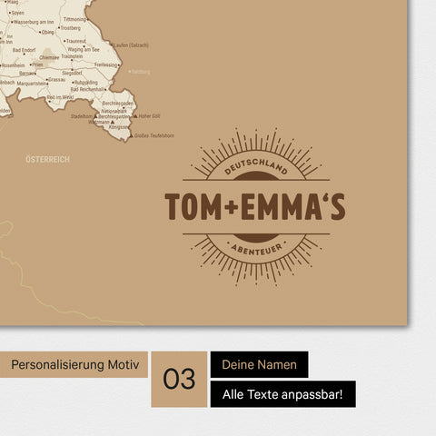 Deutschland-Karte als Poster in Treasure Gold mit eingedruckten Namen als Logo in Form einer Sonne