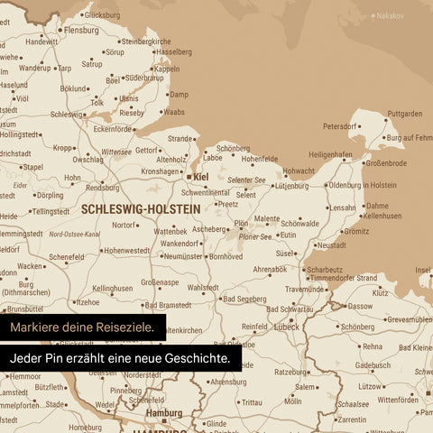 Detail einer Deutschland-Karte als Poster in Treasure Gold mit Pins in Schleswig-Holstein