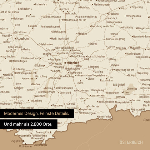 Ausschnitte einer Deutschlandkarte mit Bayern als Poster in Treasure Gold mit Bergen, Seen und 2.500 Orten