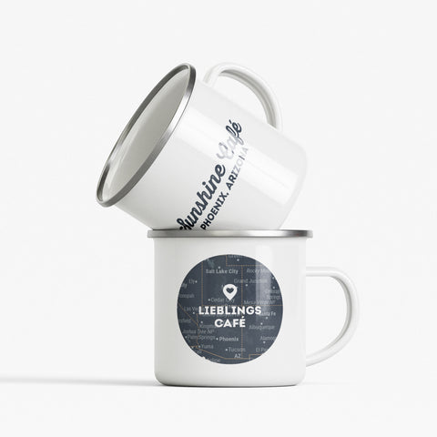 Personalisierte Emaille-Tasse mit deinem Lieblingsort auf der Welt als Geschenk-Idee für Reisende
