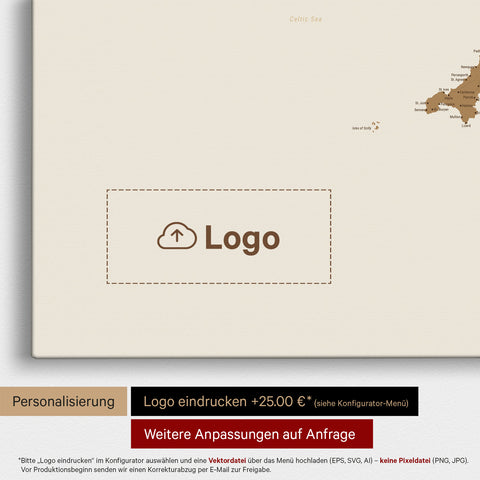 Engeland (Groot-Brittannië) & Ierland Kaart TRAVEL® Canvas Prikbord – Brons